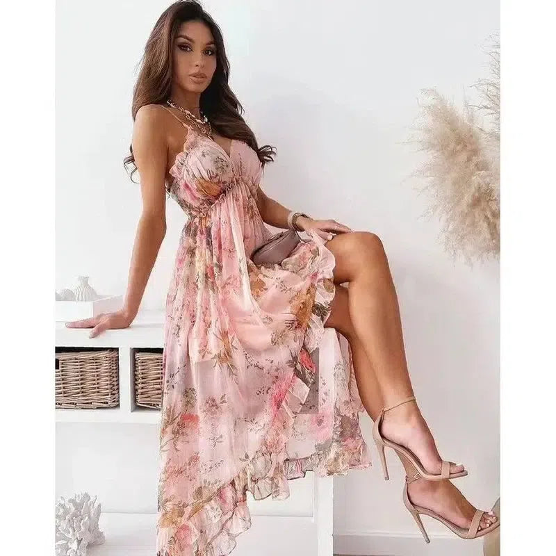 Women's Bohemian Summer Suspender Dress Loose Chiffon-Pink print-3