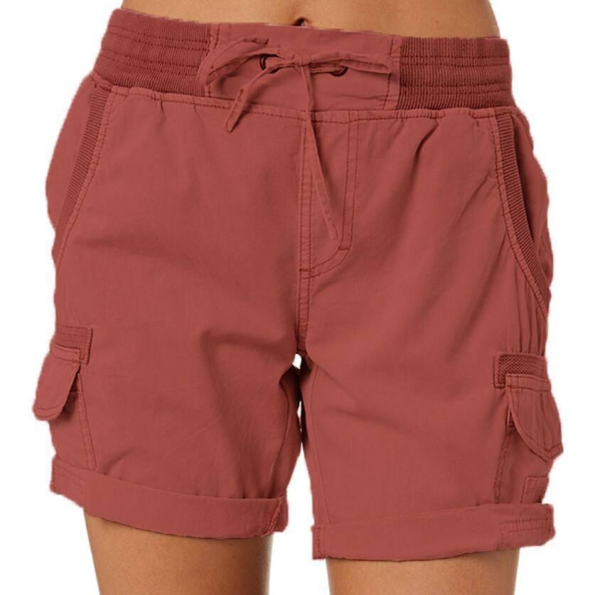 Women's Casual High Waist Cargo Shorts-Red-7