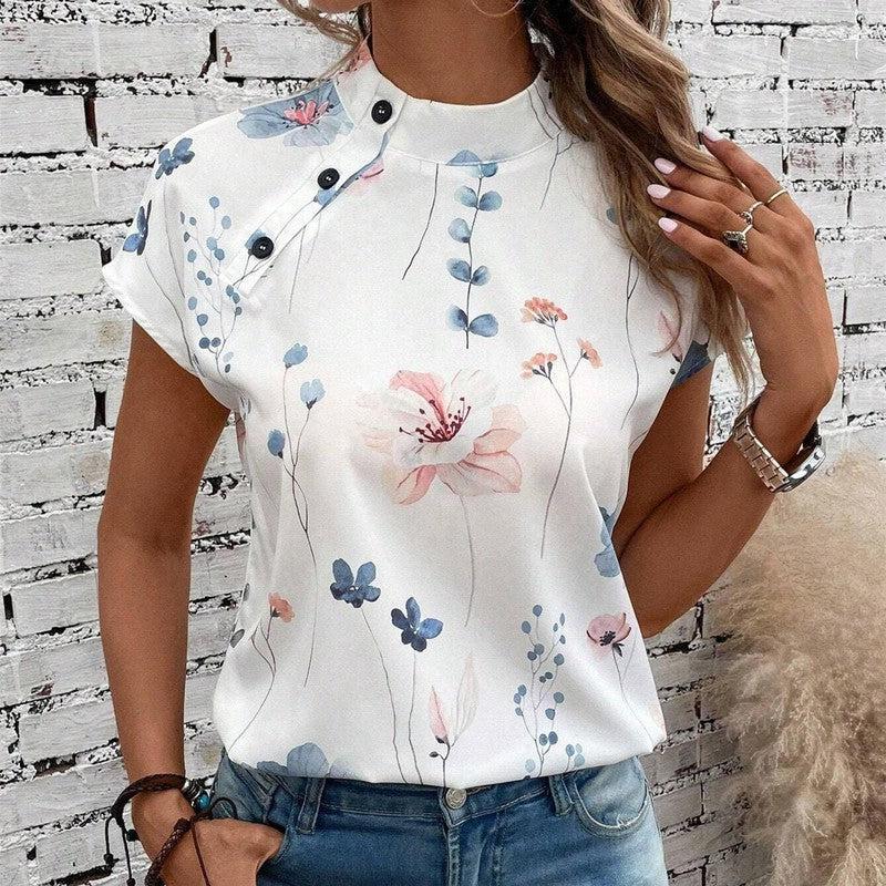 Women's Casual Stand Collar Short-sleeved Digital Printed-Floral 1-1