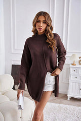 Women's Fashion Casual Pure Color Half Collar Pullover-Red Coffee Color-4