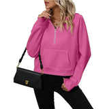 Women's Half Zip Pullover Hooded Sweatshirt Fleece Short-Rose Red-4