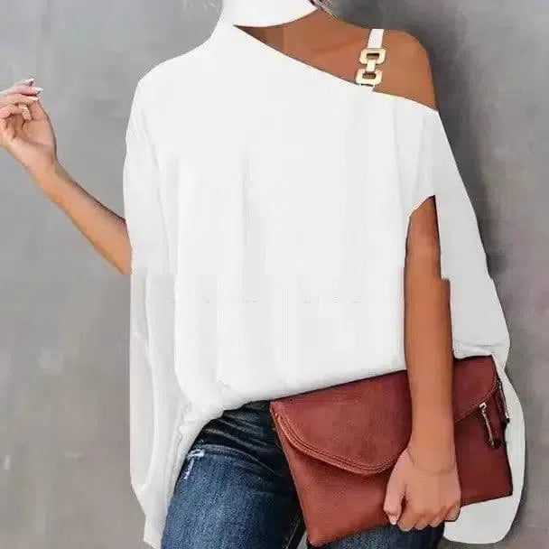 Women's High Neckline Strapless Crossbody Shoulder Cape-White-1