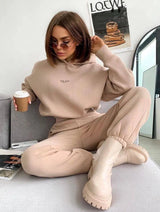 Women's Knitted Fleece Casual Suit Two-piece Set-Dark Khaki Cloth Color-8