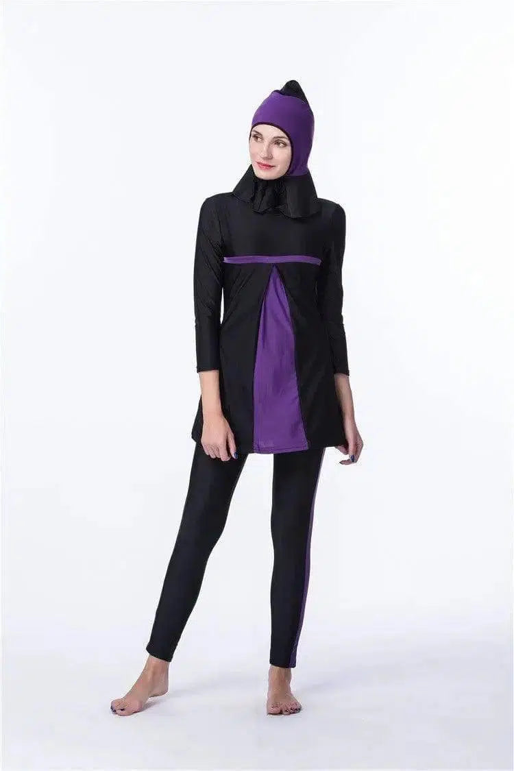 Women's Quick-drying Hijab Top Trousers With Chest Pad And-BlackPurple-4