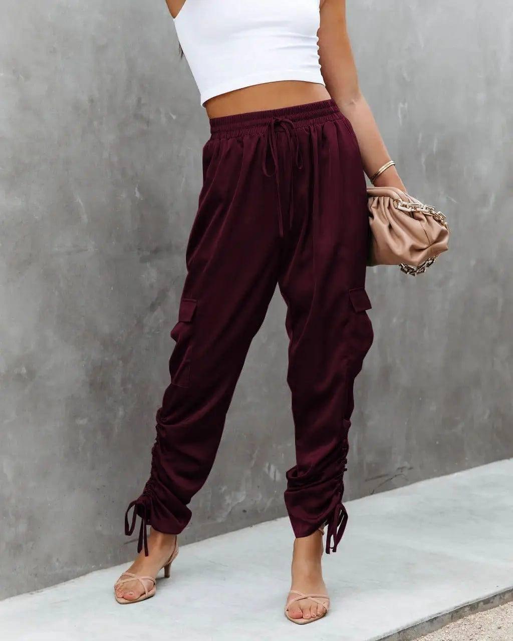 Women's Satin Jogger Pants Casual High Waist Long Lounge-Wine red-6