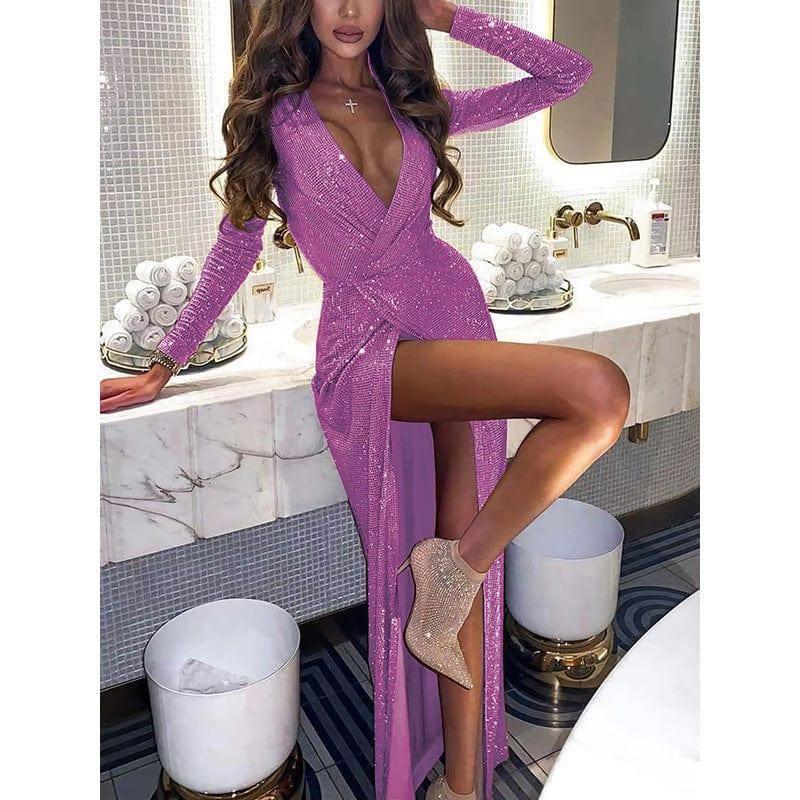 Women's Sexy Slim Evening Dress Long Sleeve Dress-Rose Red-12