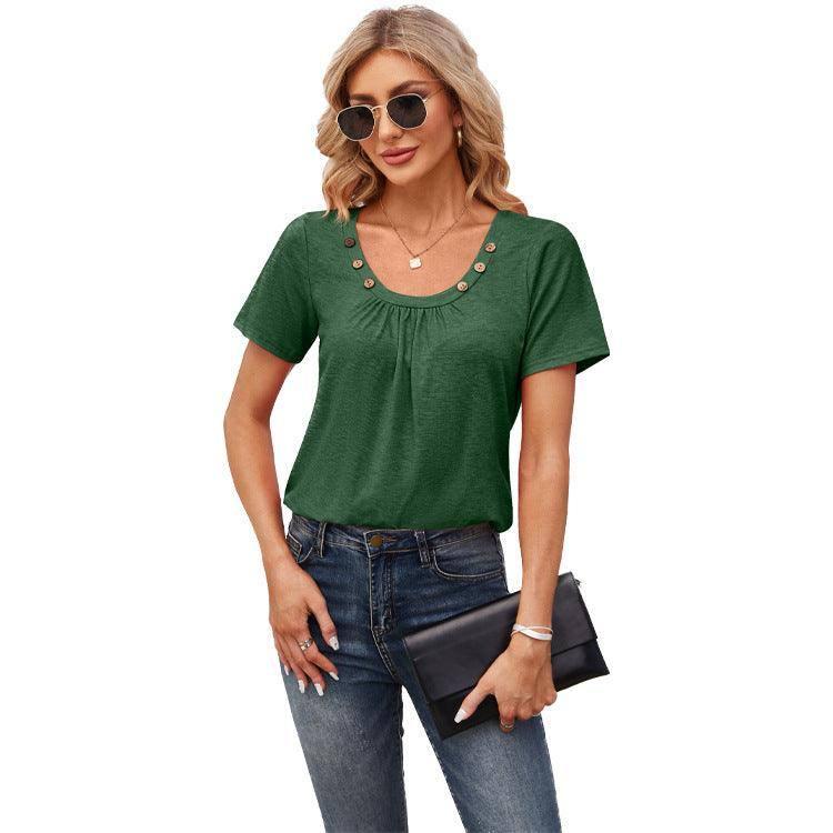 Women's Short-sleeved T-shirt Summer Button Square Collar-9