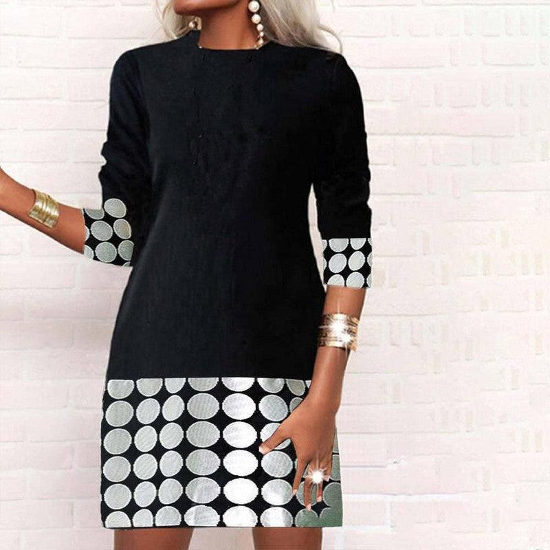 Women's Stitching Round Neck, Slim-fit, Long-sleeved Printed Dress-7