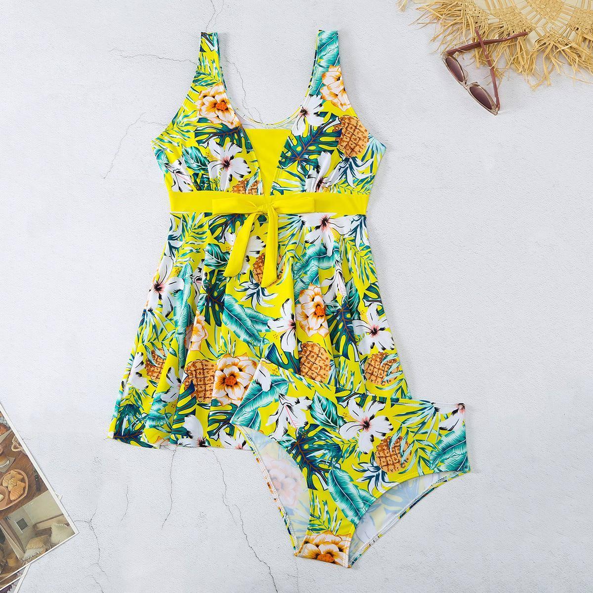 Women's V-neck Printed Split Bikini Swimsuit-Yellow-12