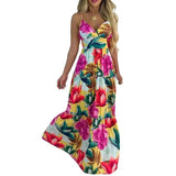 Women's V-Neck Sling Print Long High Waist Swing Dress-Colorful flower-3