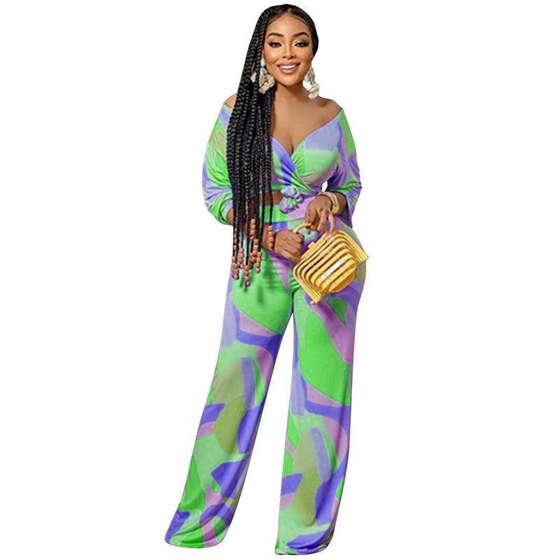 Women's Wear Irregular Pattern Long-sleeved Trousers V-neck Two-piece Suit-C5938 Light Green-5