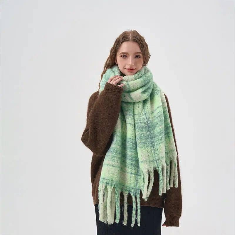 Women's White And Green Plaid Scarf-2