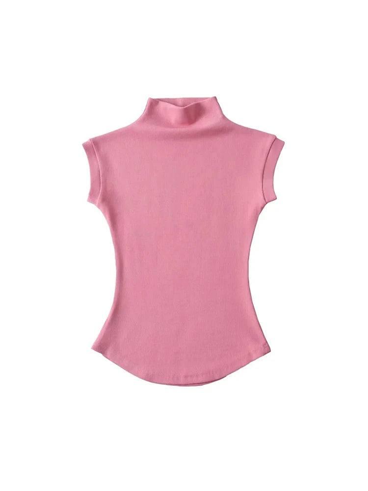 Women Summer Sexy Turtleneck Sleeveless T-Shirts Tops Solid-5