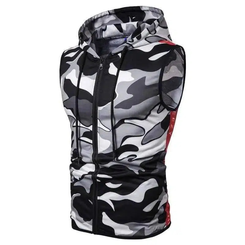 Zipper Hooded Sleeveless Camouflage Printed Fitness Sports-Black White-2