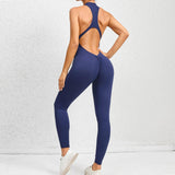 Zippered Yoga Fitness Jumpsuit Sleeveless Tummy Control-Navy Blue-10