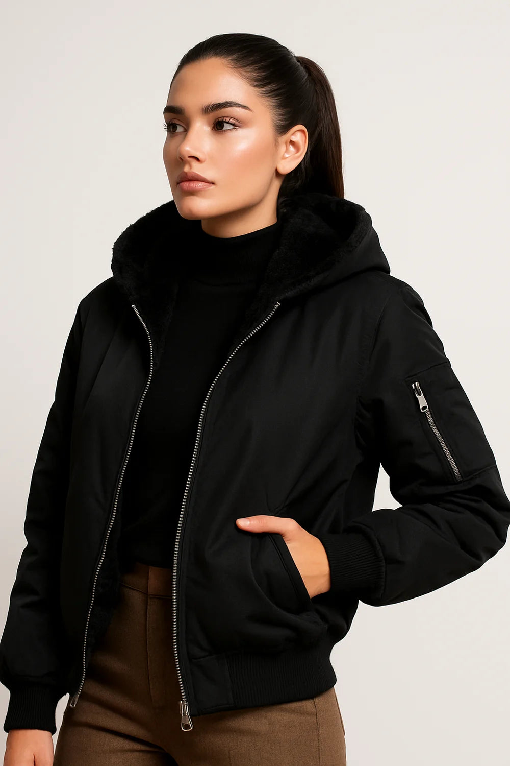 Black puffer jacket with hood and faux shearling lining, cozy winter outerwear for women.