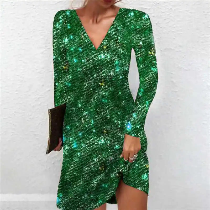 Silver sequin mini dress for women with long sleeves and deep V-neck — party outfit